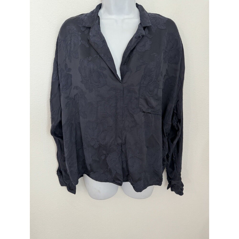 Vince Womens Size M Popover Top V-neck Blouse Navy Blue Long Sleeve Brocade